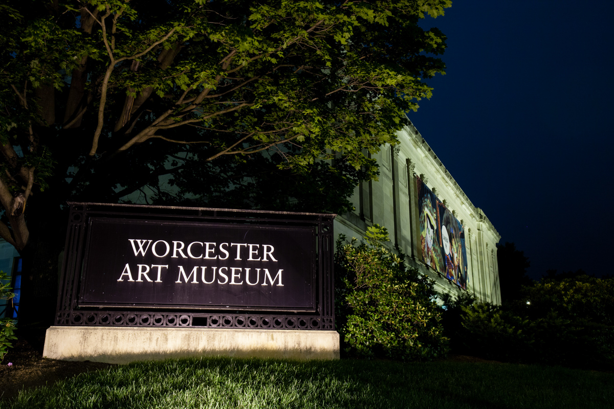 outside the Worcester Art Museum at night