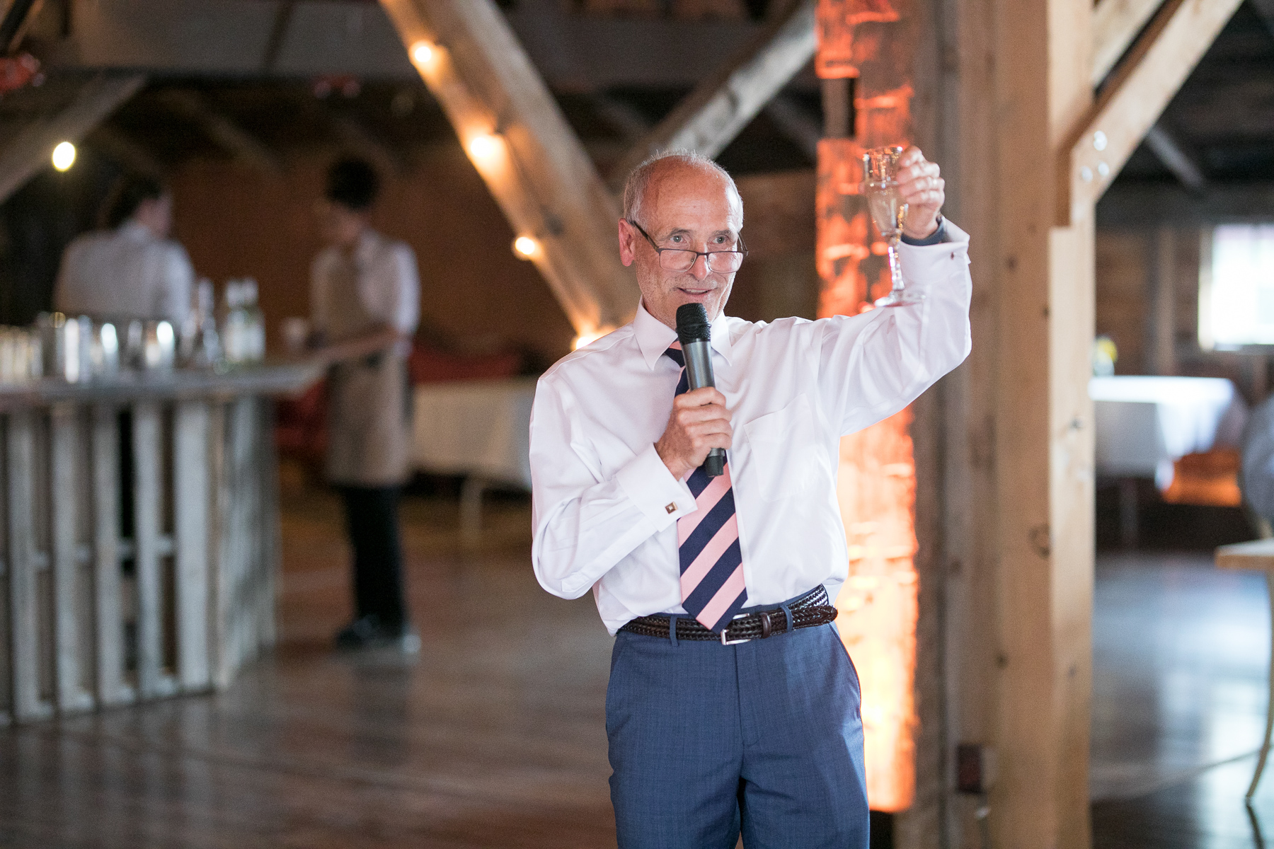 A family member making a toast to the happy couple at a wedding reception at Blenheim Hill Farm