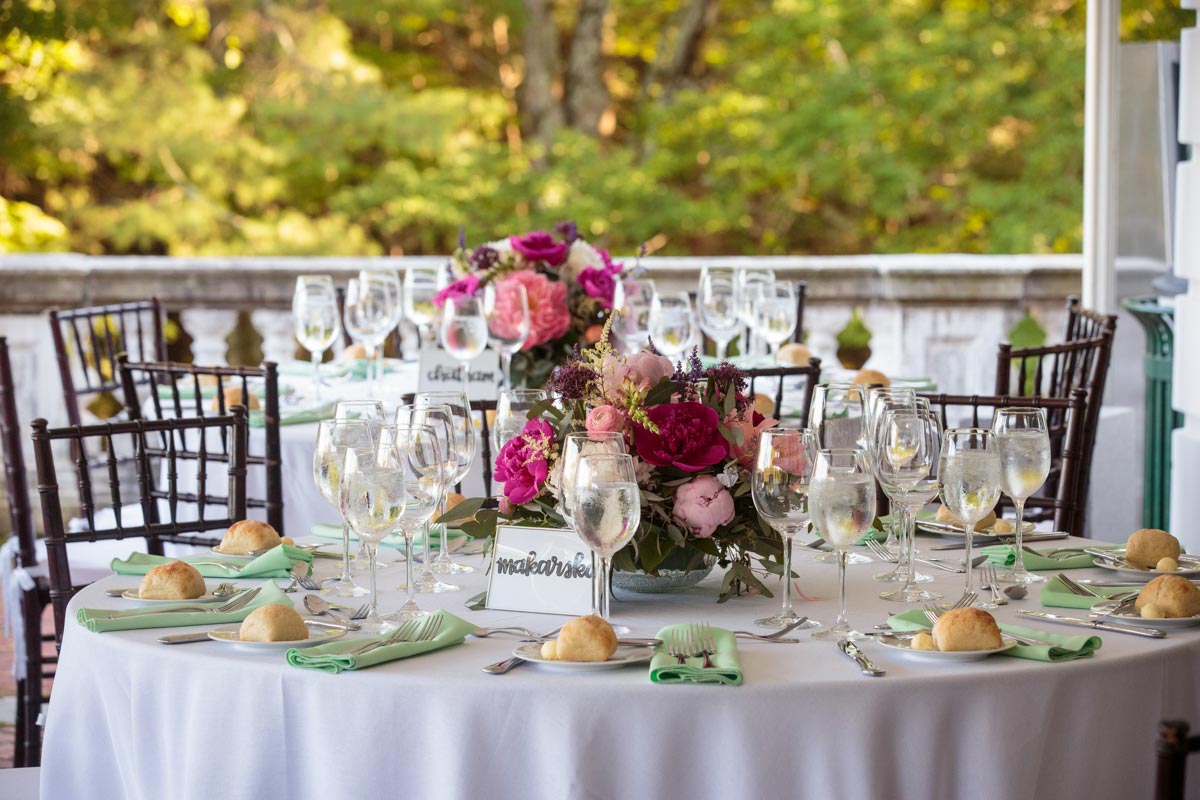 beautifully decorated wedding table with flowers on The Mount's terrace