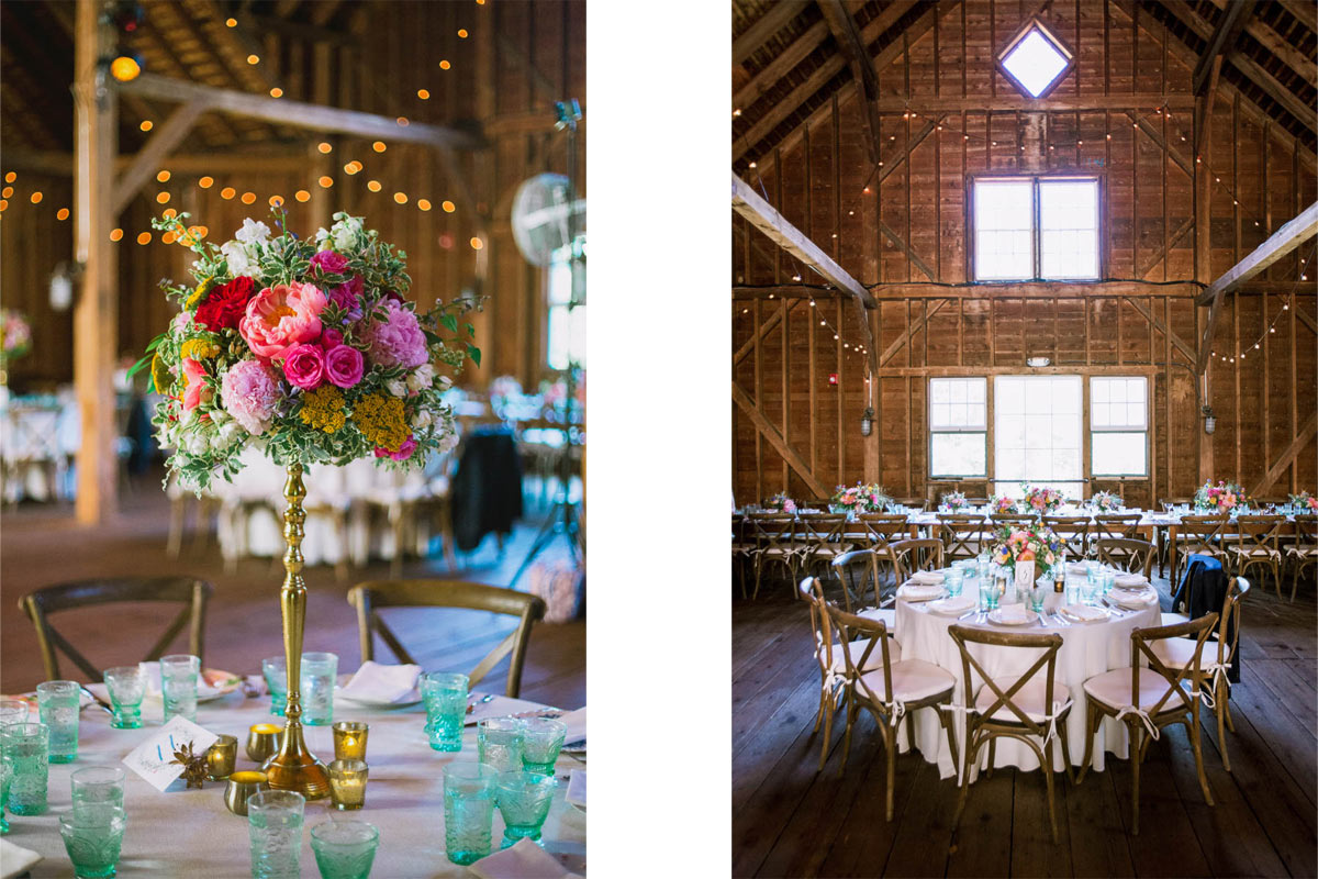 tables set up inside the barn at Stonover Farm in the Berkshires