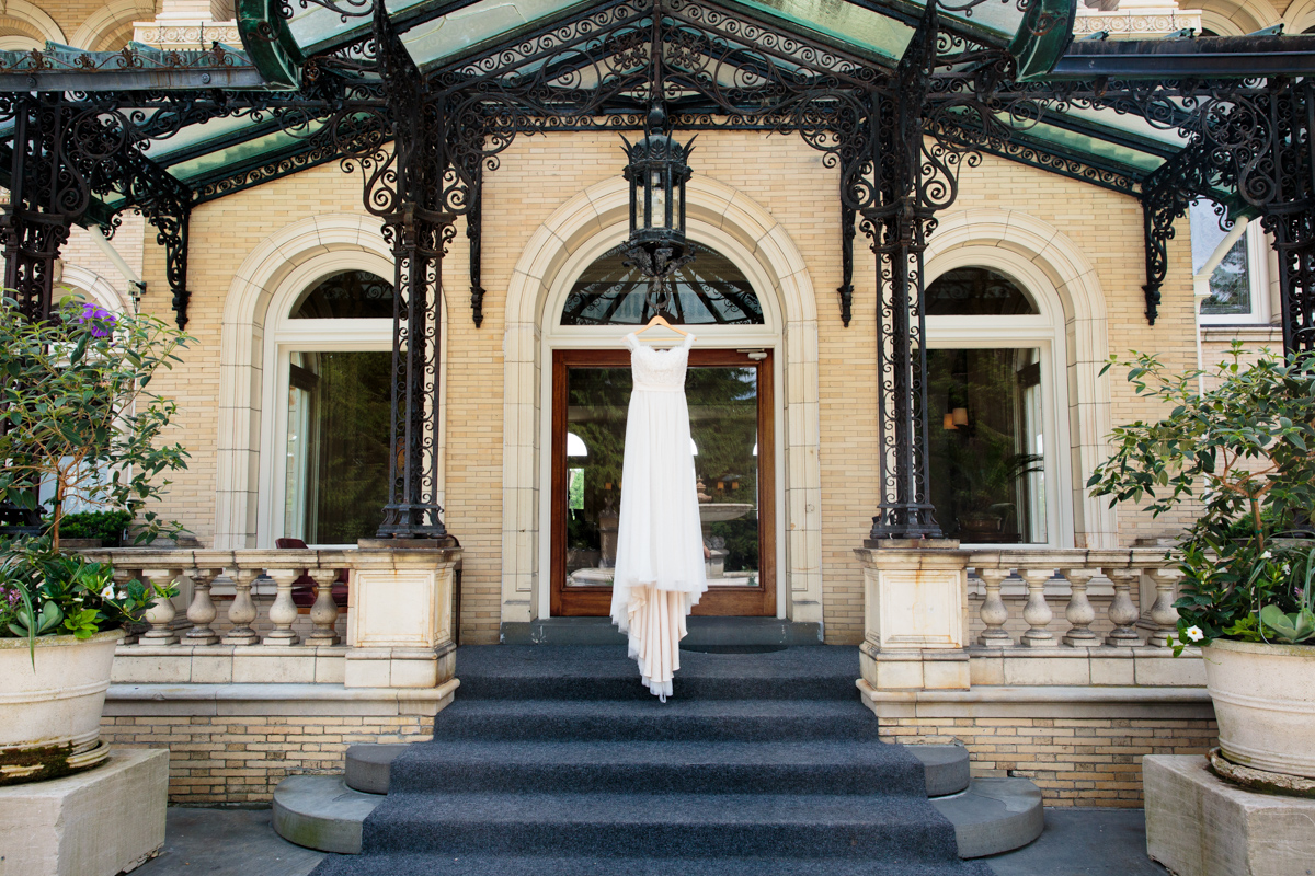 wedding dress hanging up at the Wheatleigh Hotel