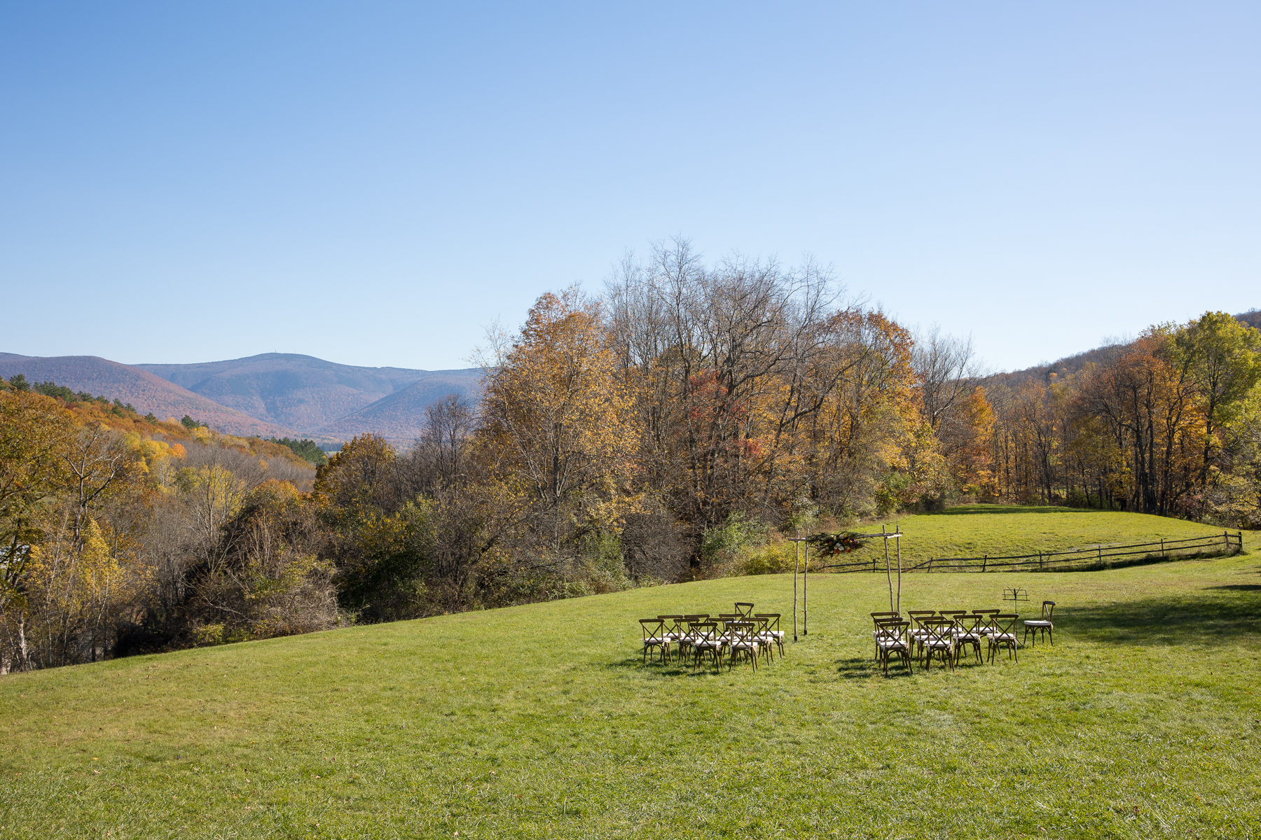 A panoramic view from the Brookman estate deck with Greylock Mountain in the background