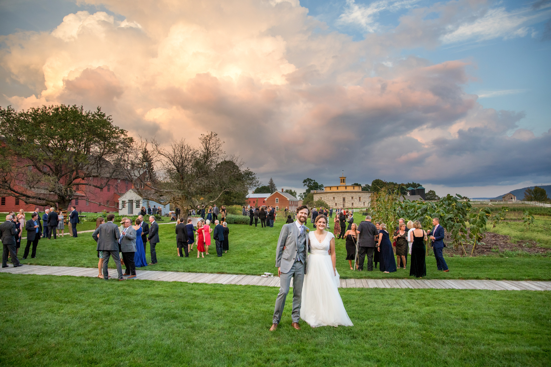 Bride and groom during the sunset at Hancock Shaker Village